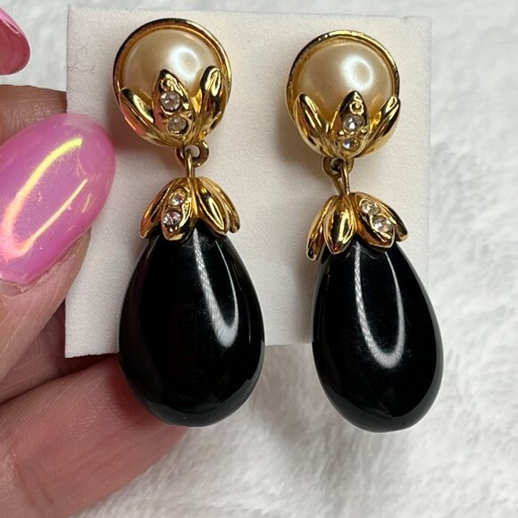Vintage-Inspired Gold Tone Faux Pearl & Black Drop Earrings With Rhinestone Acce - Picture 2 of 4